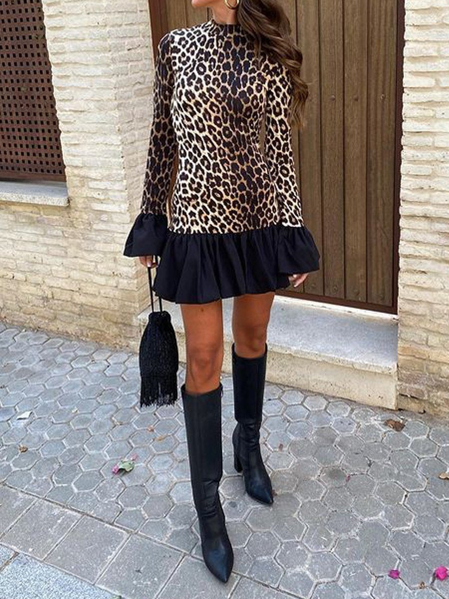 Leopard Print Patchwork Flare Sleeve Dress