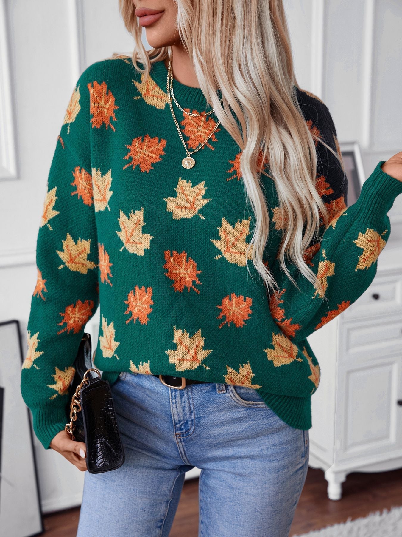 Maple Leaf Pattern Casual Knit Sweater