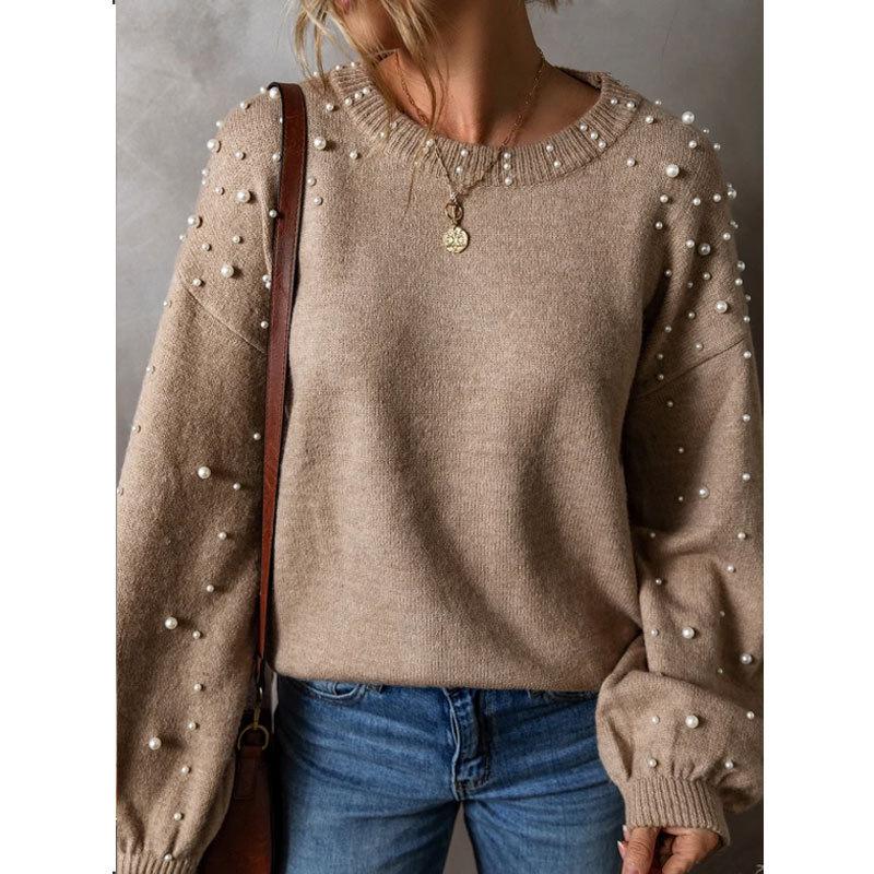 Loose Beaded Round Head Long Sleeve Sweater