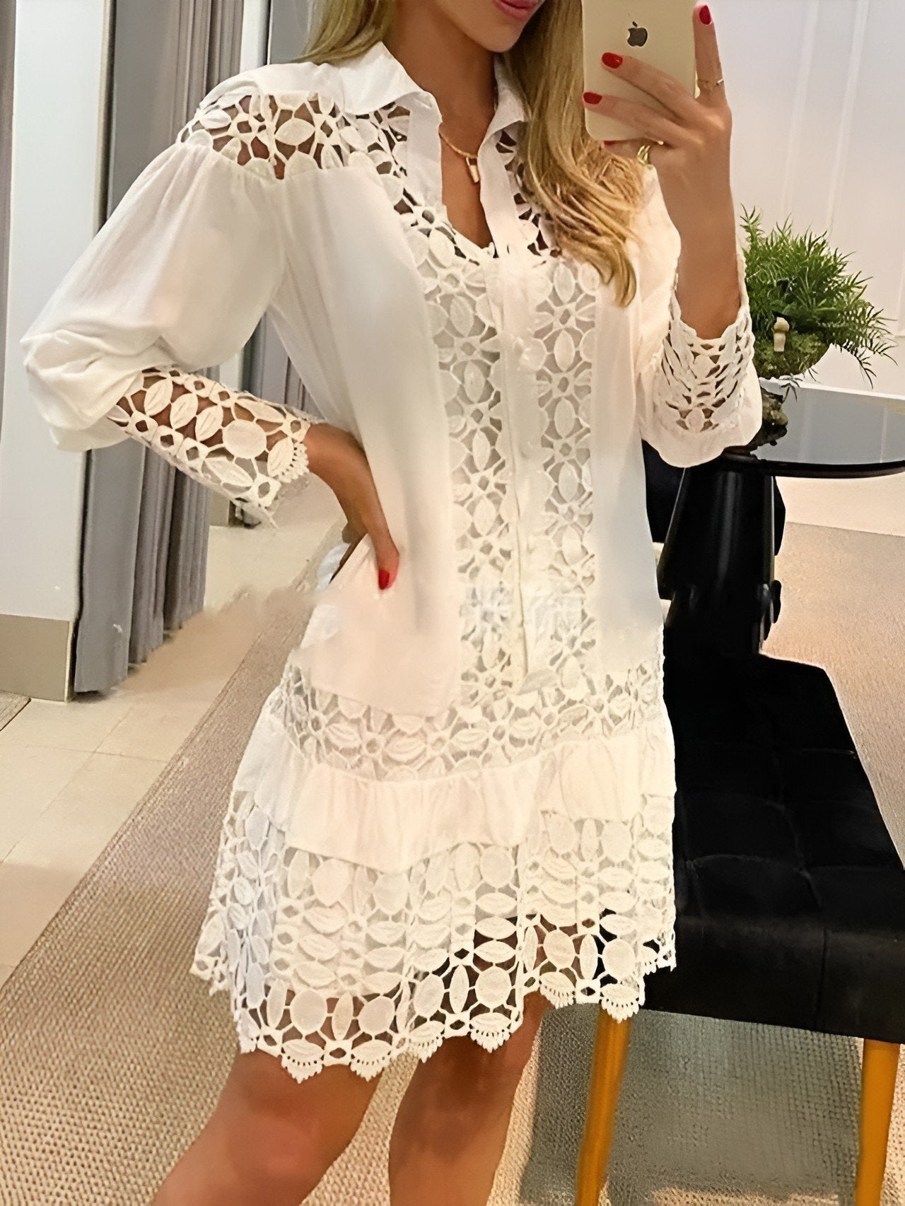 Guipure Lace Patch Shirt Dress With Cami Dress