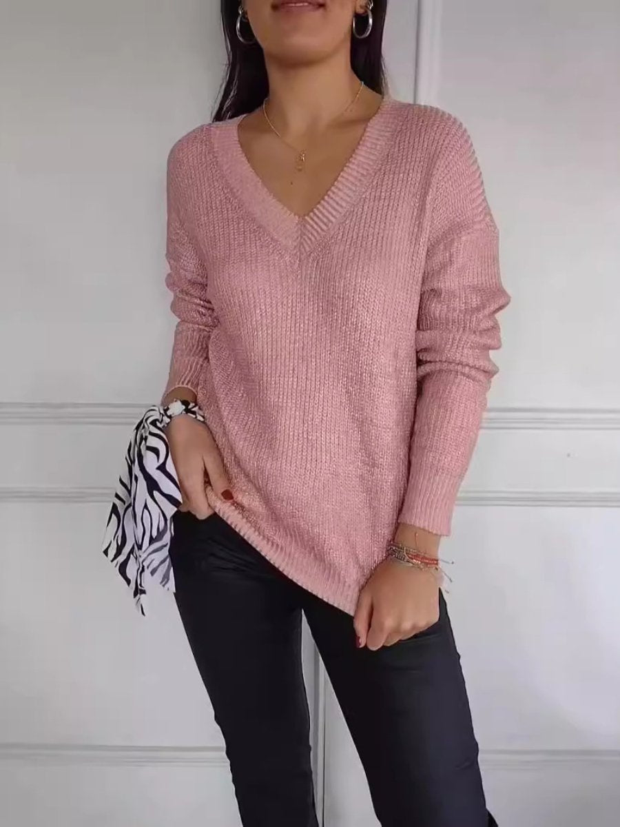 Fashion Knitted V-neck Shiny Sweater