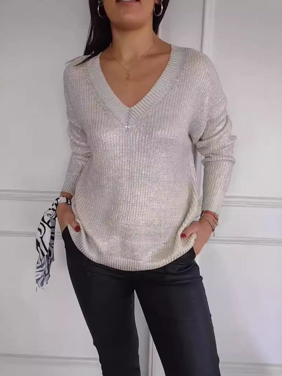 Fashion Knitted V-neck Shiny Sweater