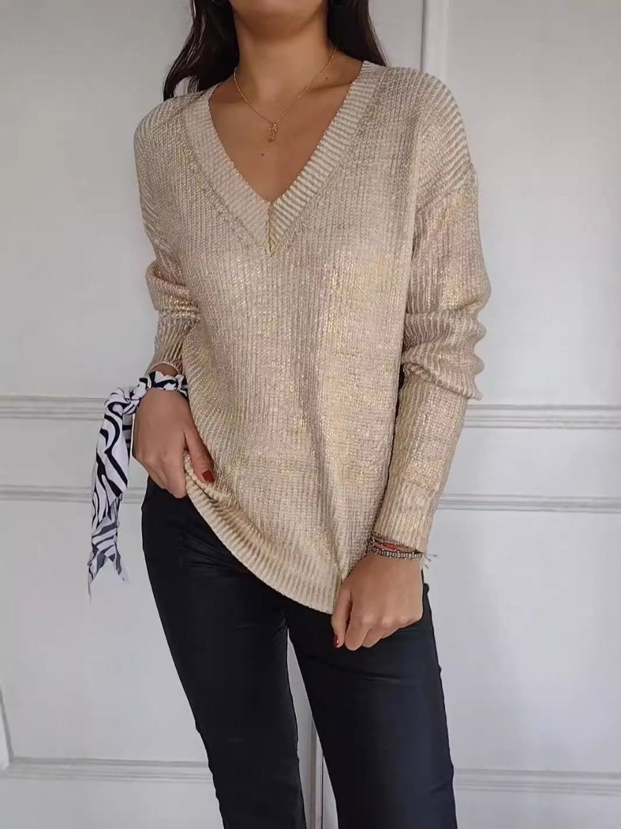 Fashion Knitted V-neck Shiny Sweater